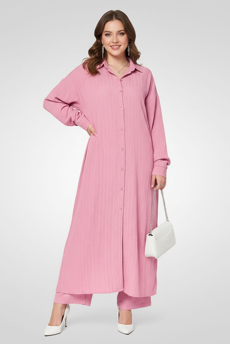 ANNE KLEIN Women 2 Pieces Textured Long Shirt And Palazzo Pants Set, Pink - Image 2
