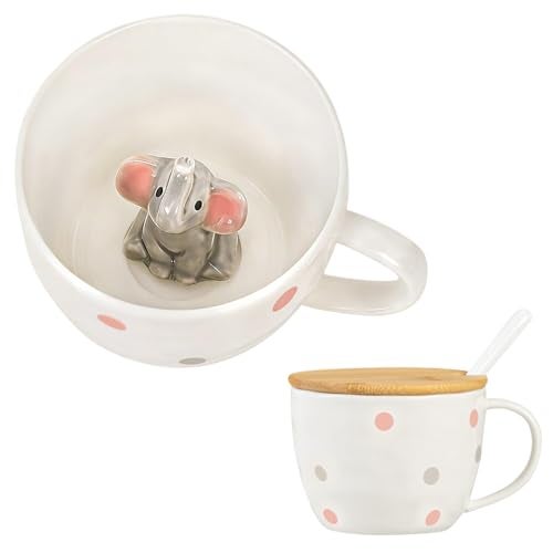 BigNoseDeer White Elephant Gifts for Women Cute Elephant Mug with 3D elephant Inside Kawaii Ceramic Coffee Mug Tea Cup with Lid Spoon Friendship Birthday Christmas Gifts for Women Men Sisters Friend Coworkers - Image 1
