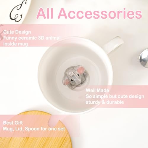 BigNoseDeer White Elephant Gifts for Women Cute Elephant Mug with 3D elephant Inside Kawaii Ceramic Coffee Mug Tea Cup with Lid Spoon Friendship Birthday Christmas Gifts for Women Men Sisters Friend Coworkers - Image 5