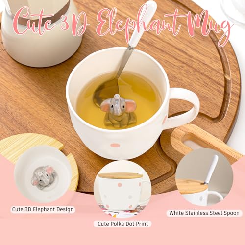 BigNoseDeer White Elephant Gifts for Women Cute Elephant Mug with 3D elephant Inside Kawaii Ceramic Coffee Mug Tea Cup with Lid Spoon Friendship Birthday Christmas Gifts for Women Men Sisters Friend Coworkers - Image 3