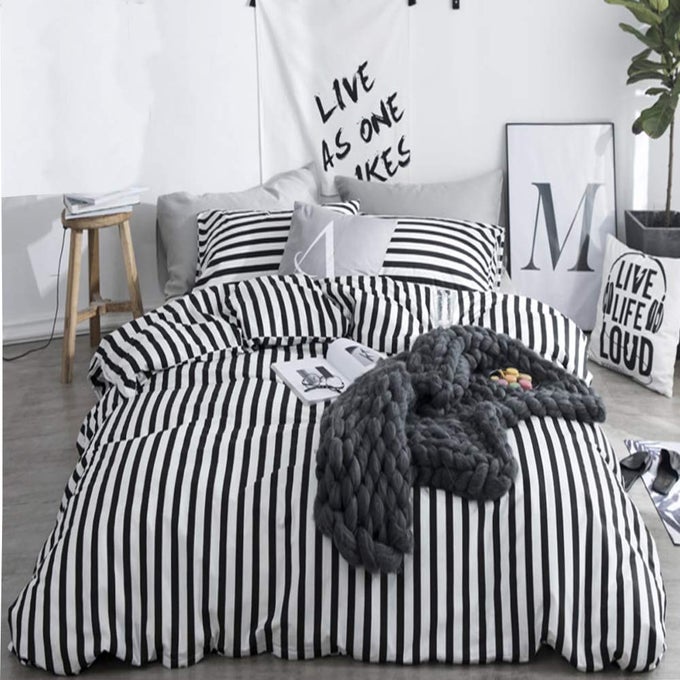 STRIPED CALIFORNIA KING COMFORTER SET 3PCS BLACK WHITE BEDDING COMFORTER SETS ALL SEASON FARMHOUSE COMFORTER TICKING STRIPES COMFORTER WITH 2 PILLOW CASES