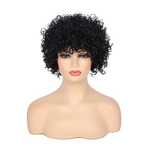 Swiking Short Afro Curly Wig for Black Women Hair Kinky Wigs With Bangs Synthetic Heat Resistant Natural Looking Wigs(Black) - Image 2