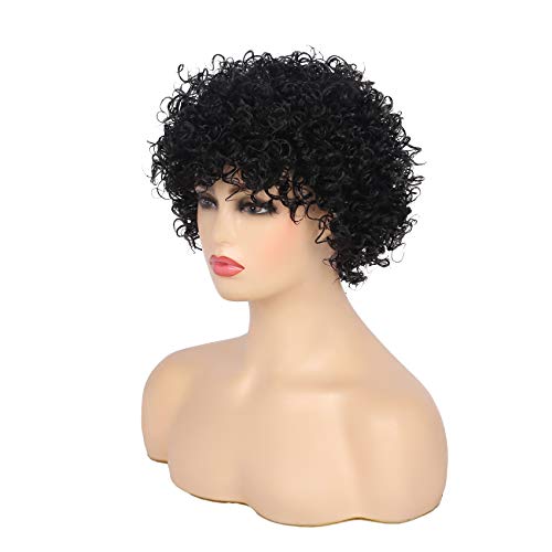 Swiking Short Afro Curly Wig for Black Women Hair Kinky Wigs With Bangs Synthetic Heat Resistant Natural Looking Wigs(Black) - Image 4