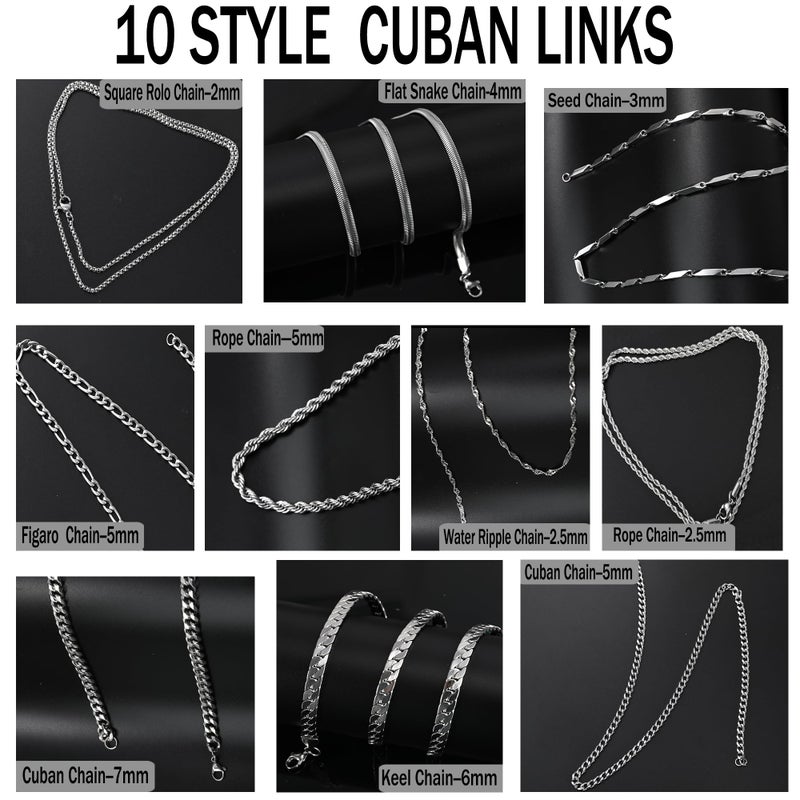 ELLEWIN 10 Pcs Chains for Men Silver Necklace Stackable Stainless Steel Chains Set Mens Jewelry Set Cross Cuban Link Figaro Chain - Image 5