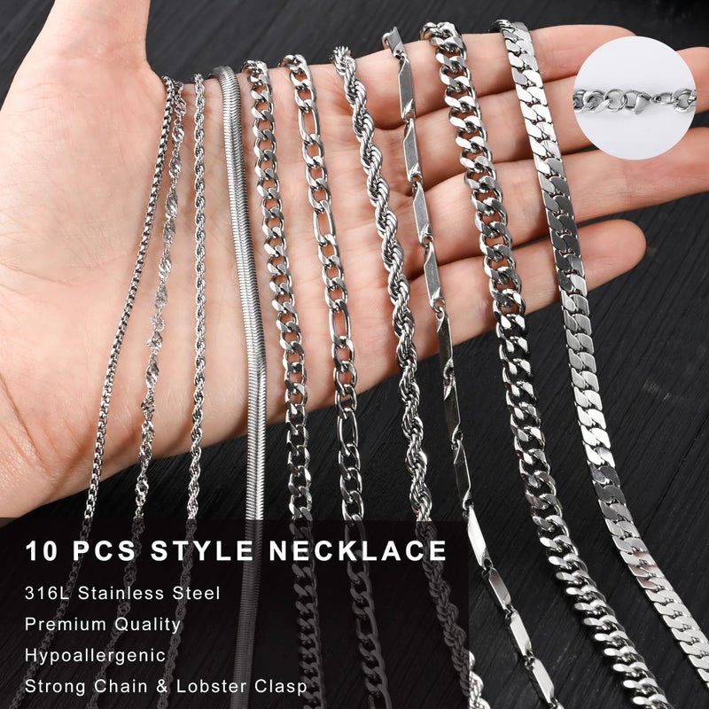 ELLEWIN 10 Pcs Chains for Men Silver Necklace Stackable Stainless Steel Chains Set Mens Jewelry Set Cross Cuban Link Figaro Chain - Image 4