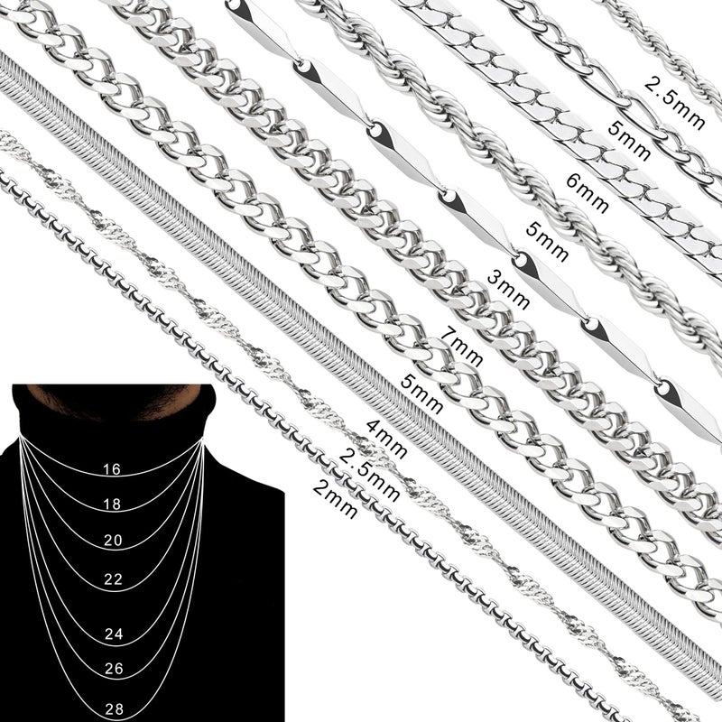 ELLEWIN 10 Pcs Chains for Men Silver Necklace Stackable Stainless Steel Chains Set Mens Jewelry Set Cross Cuban Link Figaro Chain - Image 2