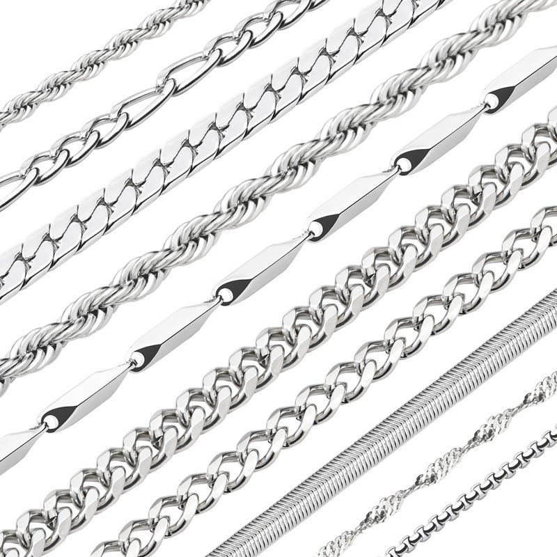 ELLEWIN 10 Pcs Chains for Men Silver Necklace Stackable Stainless Steel Chains Set Mens Jewelry Set Cross Cuban Link Figaro Chain - Image 1
