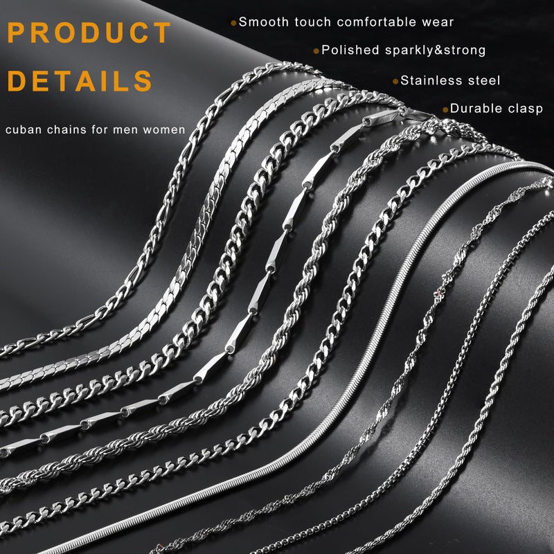 ELLEWIN 10 Pcs Chains for Men Silver Necklace Stackable Stainless Steel Chains Set Mens Jewelry Set Cross Cuban Link Figaro Chain - Image 3