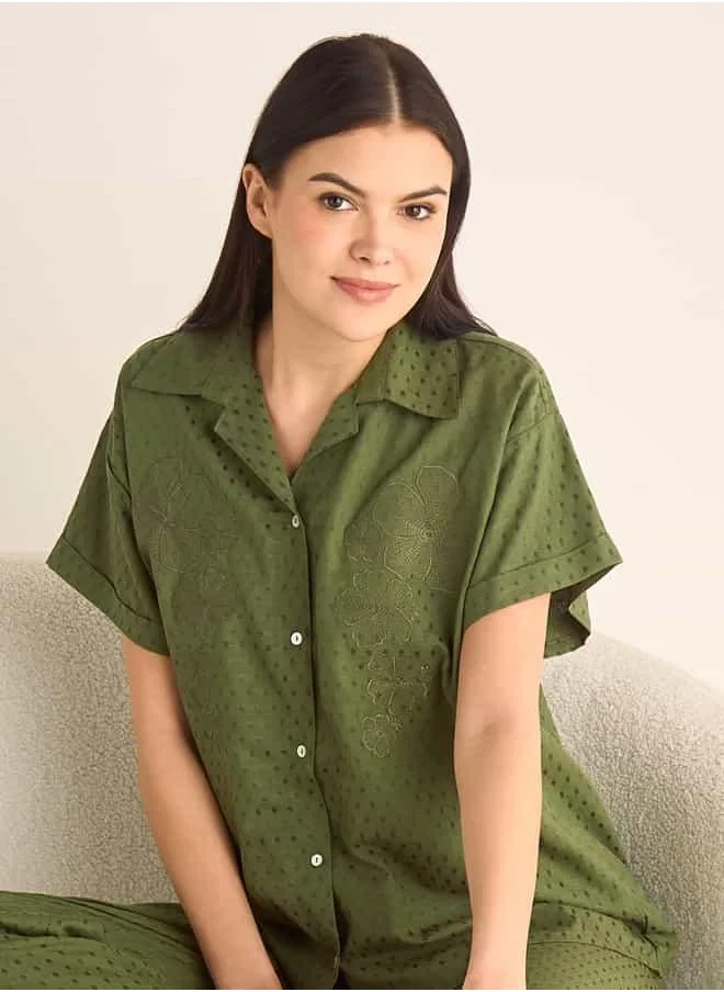 FAV Floral Embroidered Dobby Shirt and Elasticated Pyjama Set