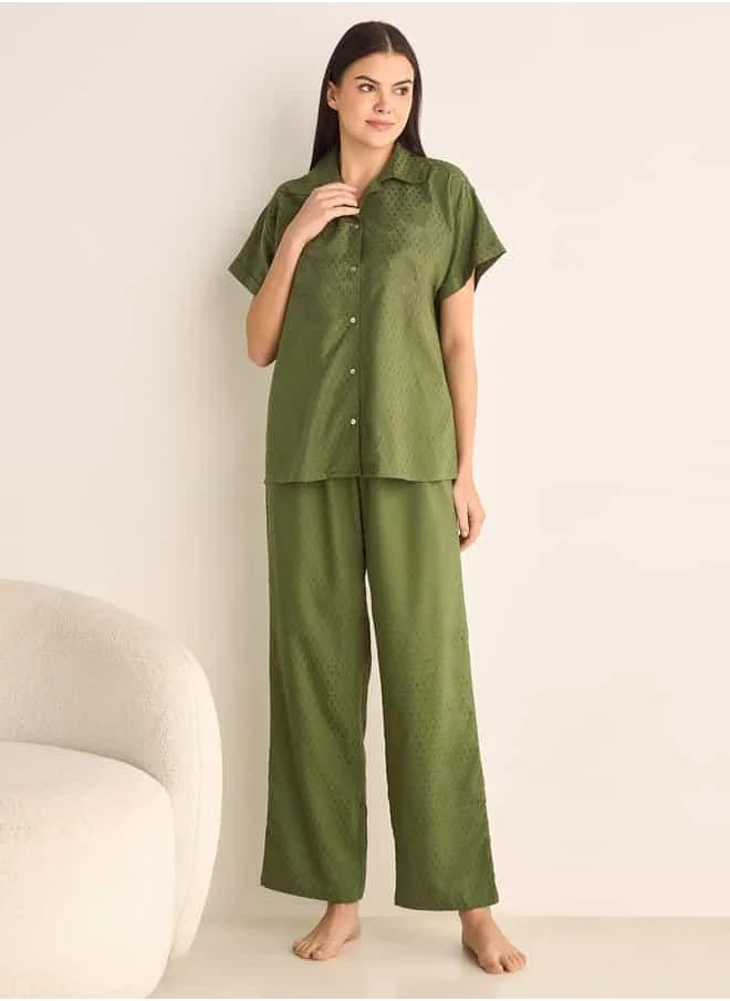 FAV Floral Embroidered Dobby Shirt and Elasticated Pyjama Set