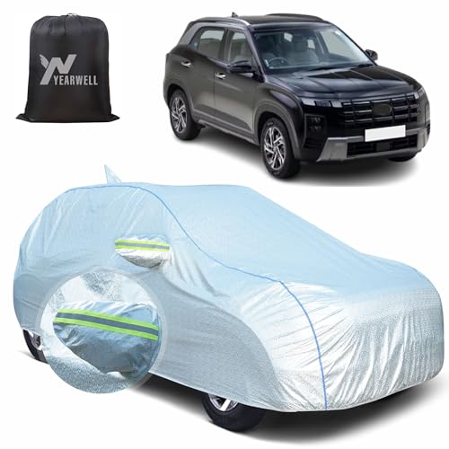 YEARWELL Car Body Cover for Hyundai Creta, 100% Waterproof, Heat-Resistant with Mirror & Antenna Pockets, Soft Cotton Lining, Triple Stitched, Piping & Reflector (Reflective Silver) - Image 1