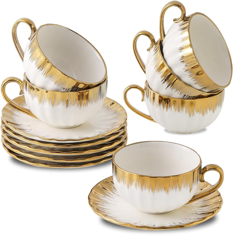 LETAOTAO Cappuccino Cups with Saucers, 7 oz Porcelain Double Espresso Cups Set, Ceramic Turkish Coffee Cups with Gold Trim, Tea Cups Set of 6, Cafe Cups for Latte, Mocha, Au Lait, White - Image 1