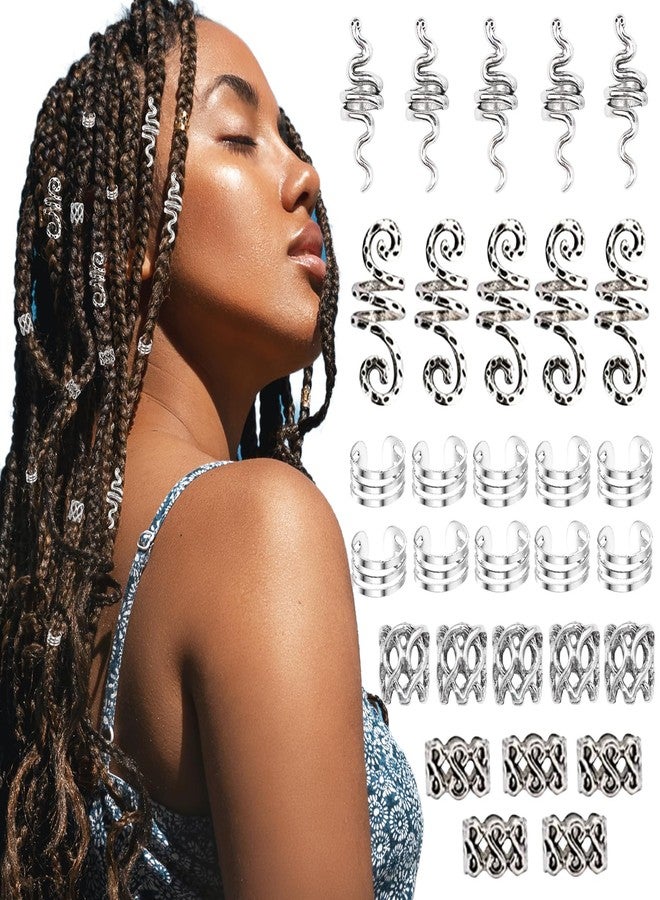 VENOFEN 30PCS Viking Hair Jewelry for Braids Silver Dreadlock Beads Metal Hair Cuffs Rings Snake Loc Jewelry Multi Style Hair Decoration Braid Accessories for Women and Men - Image 1