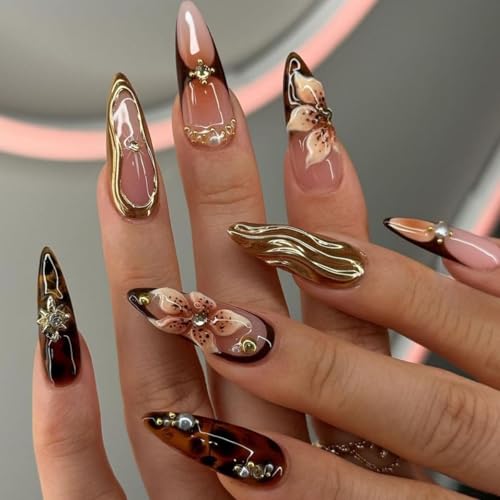 SEENEEY Long Press on Nails Almond Fake Nails Brown False Nails Flowers Artificial Nails with Gold Charm Designs Summer Handmade Nails 3D Floral Stick on Nails for Women 24pcs - Image 3