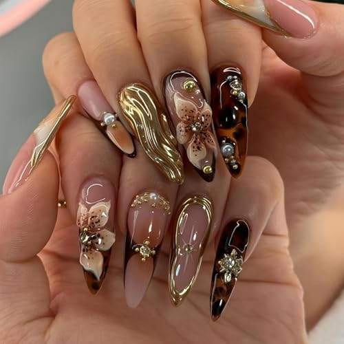 SEENEEY Long Press on Nails Almond Fake Nails Brown False Nails Flowers Artificial Nails with Gold Charm Designs Summer Handmade Nails 3D Floral Stick on Nails for Women 24pcs - Image 1