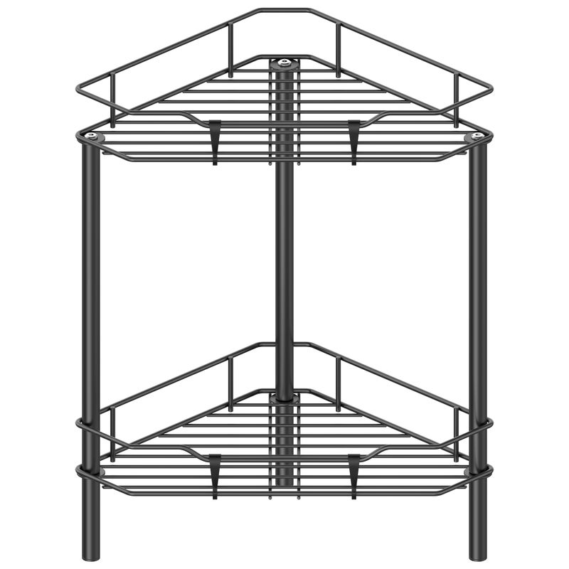 HuggieGems 2 Tier Floor Standing Corner Shower Caddy Organizer Shelf with Hooks, Bathroom Shelves Stand Rack, Black - Image 1