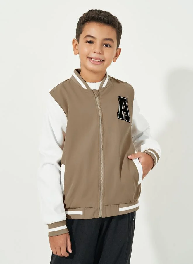 Styli Patch Work Detail Contrast Sleeves Striped Trim Varsity Jacket