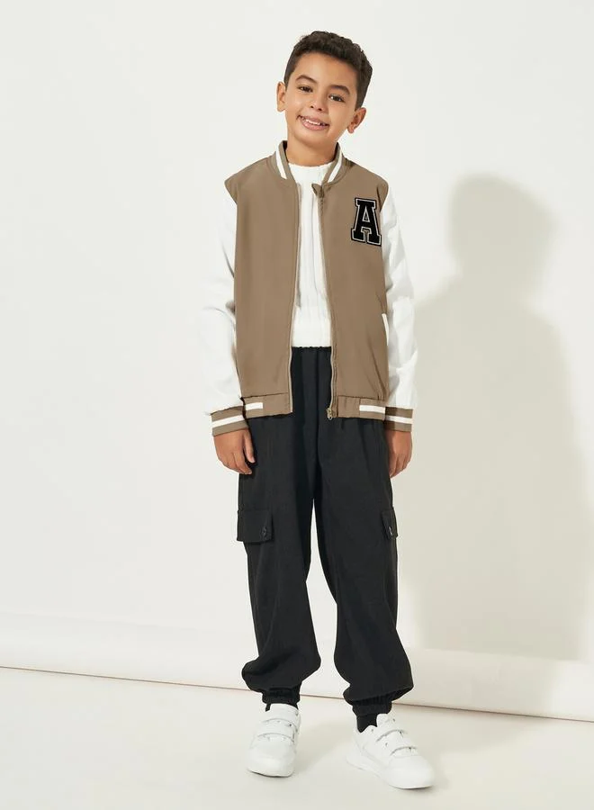 Styli Patch Work Detail Contrast Sleeves Striped Trim Varsity Jacket