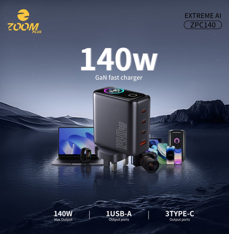 ZOOM PLUS Extreme AI ZPC140 140W GaN Fast Charger with Digital Display, Multi-Port USB-C u0026 USB-A, Includes 100W Type-C Cable – Ultra-Fast Smart Charging Adapter - Image 2