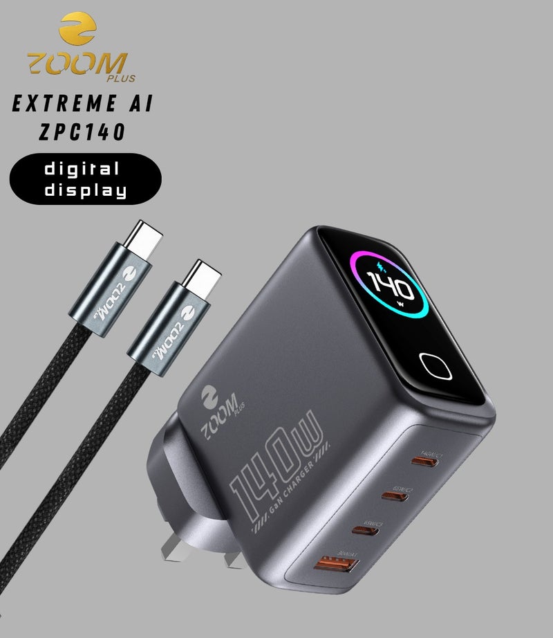 ZOOM PLUS Extreme AI ZPC140 140W GaN Fast Charger with Digital Display, Multi-Port USB-C u0026 USB-A, Includes 100W Type-C Cable – Ultra-Fast Smart Charging Adapter - Image 1