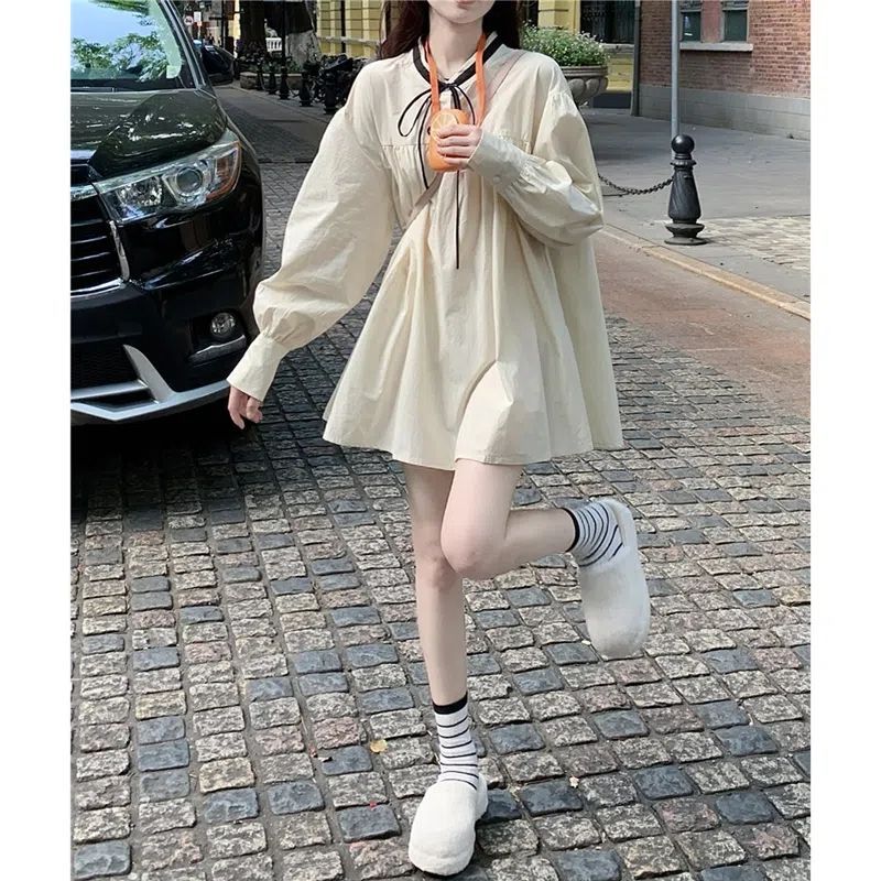 French style long sleeve puff sleeve dress womens 2023 spring new tea shirt doll skirt skirt spring dress Shirt dress