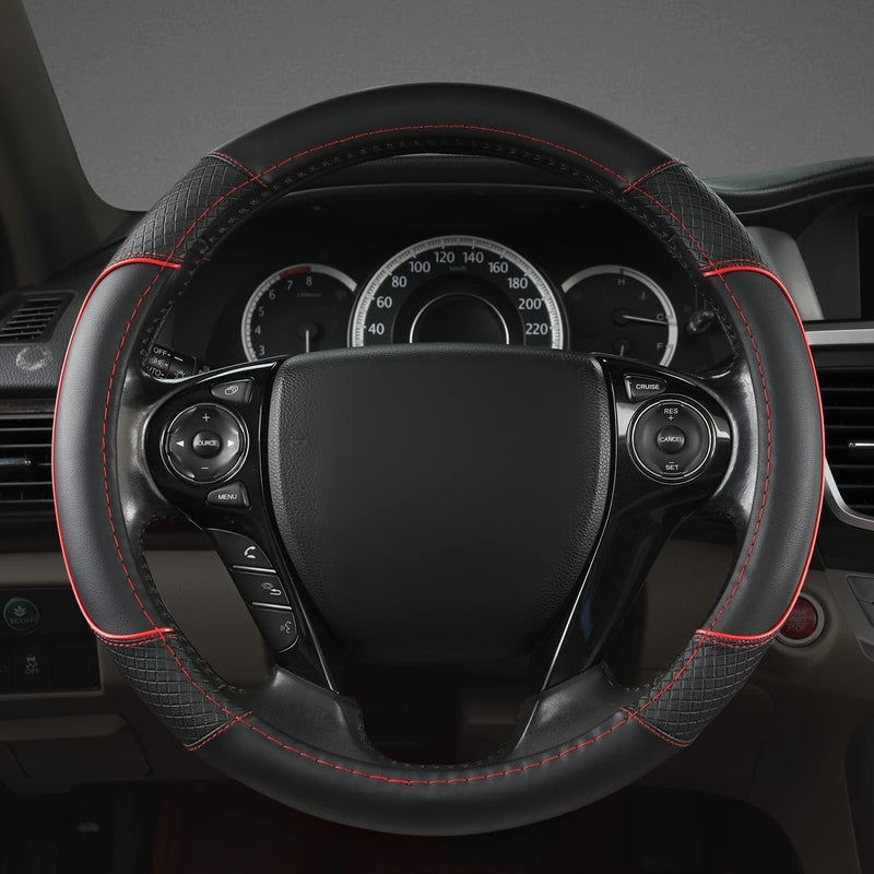 GIANT PANDA Microfiber Leather Steering Wheel Cover for Honda Accord,Civic,CR-V,HR-V,Pilot(Diamond-Pattern-Black+Red Line-Standard Size) - Image 2