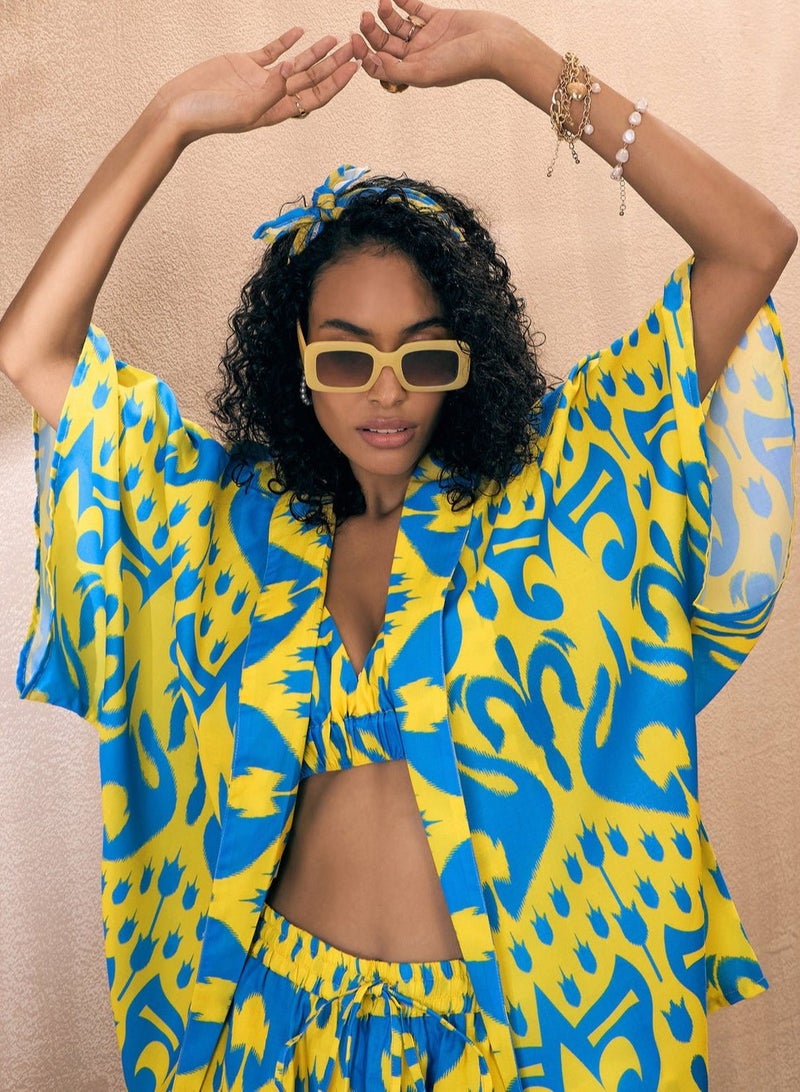 PRASHA Women Yellow & Blue Ikat Shorts With Bustier And Shrug - Image 2