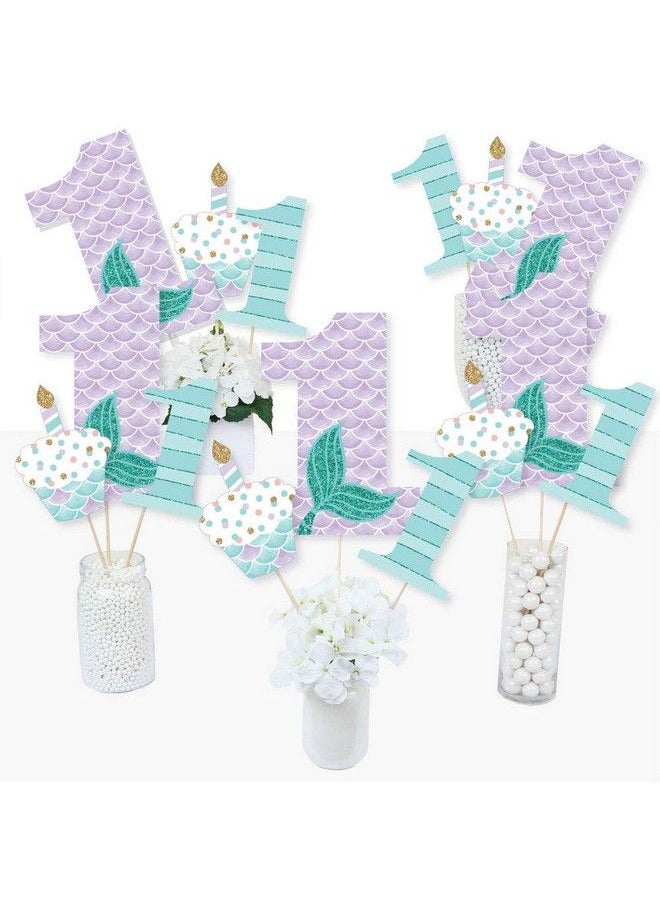 Big Dot of Happiness 1St Birthday Let Be Mermaids First Birthday Party Centerpiece Sticks Table Toppers Set Of 15  - Image 1