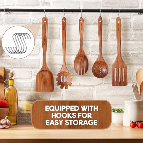Mooues Wooden Spoons for Cooking, 6PCS Teak Wood Cookware Utensil Set with Hooks - Smooth Finish, Non-Stick, Comfortable Grip, Heat Resistant Kitchen Utensils - Image 5