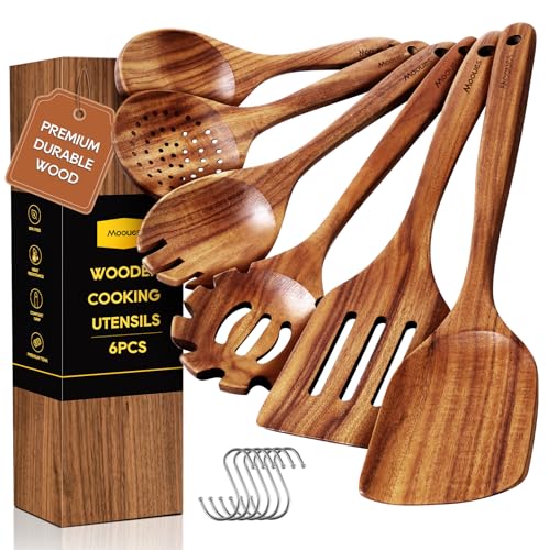 Mooues Wooden Spoons for Cooking, 6PCS Teak Wood Cookware Utensil Set with Hooks - Smooth Finish, Non-Stick, Comfortable Grip, Heat Resistant Kitchen Utensils - Image 1
