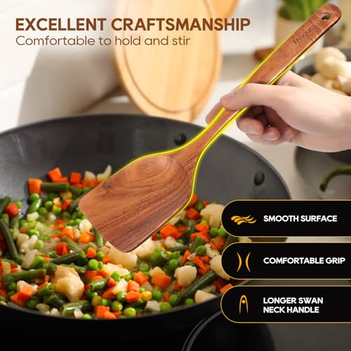 Mooues Wooden Spoons for Cooking, 6PCS Teak Wood Cookware Utensil Set with Hooks - Smooth Finish, Non-Stick, Comfortable Grip, Heat Resistant Kitchen Utensils - Image 4