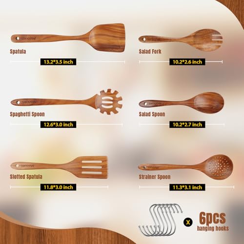 Mooues Wooden Spoons for Cooking, 6PCS Teak Wood Cookware Utensil Set with Hooks - Smooth Finish, Non-Stick, Comfortable Grip, Heat Resistant Kitchen Utensils - Image 2