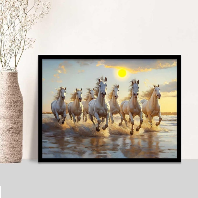 SEVEN RUNNING VASTU LUCKY HORSE 7 HORSES VASTU FRAME WALL ART PAINTING FOR LIVING ROOM BEDROOM OFFICE HOME DCOR RISING SUN PAINTING WALL DCOR SIZE 10X13 INCH