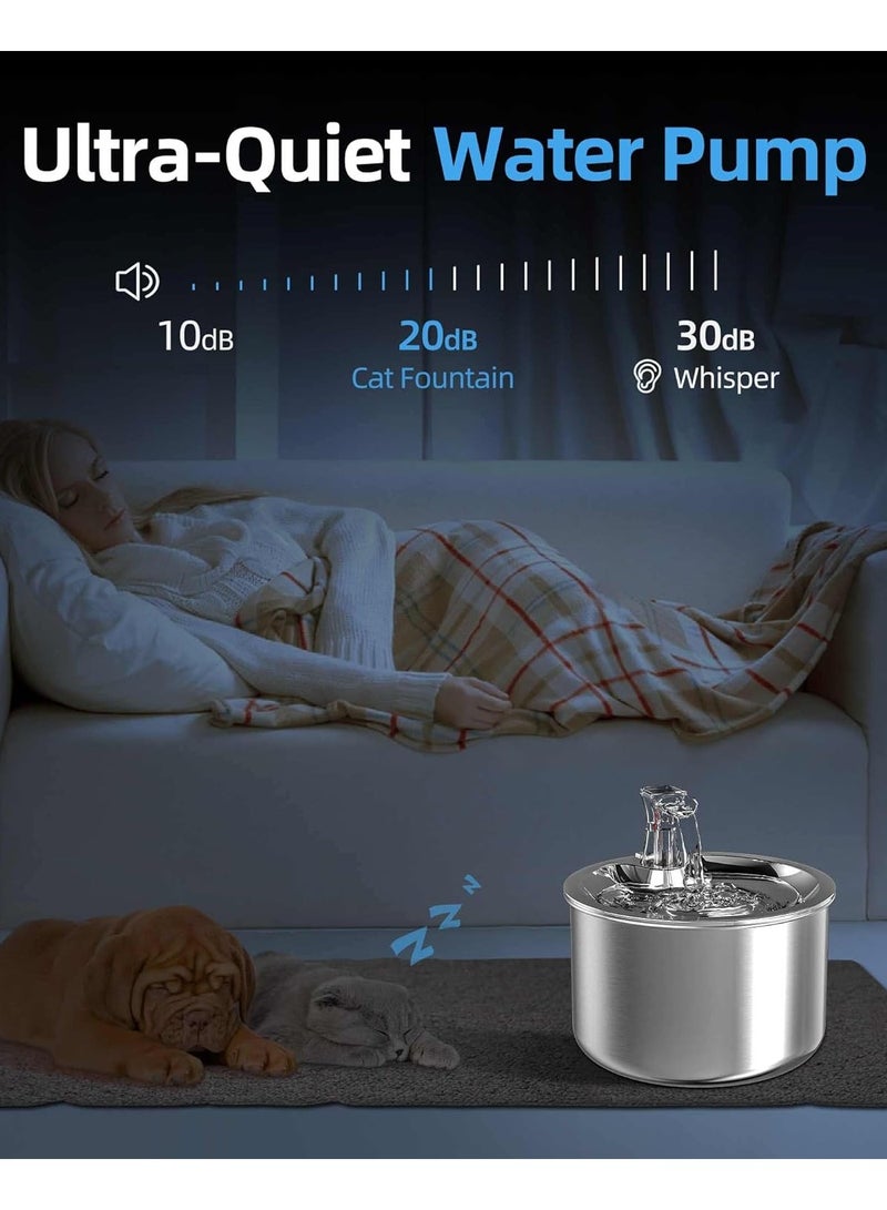 إيونتو نافورة مياه للحيوانات الأليفة من الفولاذ المقاوم للصدأ سعة 2 لتر للقطط والكلاب - نافورة شرب أوتوماتيكية، مضخة صامتة، نظام ترشيح متعدد، موزع مياه آمن للغسل في غسالة الأطباق - Image 2