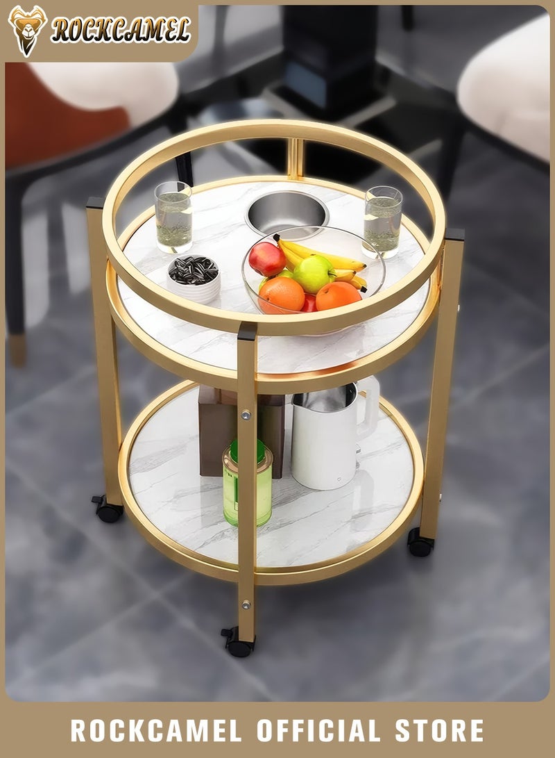 ROCKCAMEL مائدة قهوة مستديرة، طاولة جانبية بإطار معدني، طاولة سرير مزدوجة الطبقات بتصميم الرخام الأبيض، متينة وسهلة التركيب، مناسبة للصالة وغرفة النوم (45 × 45 × 55 سم) - Image 1