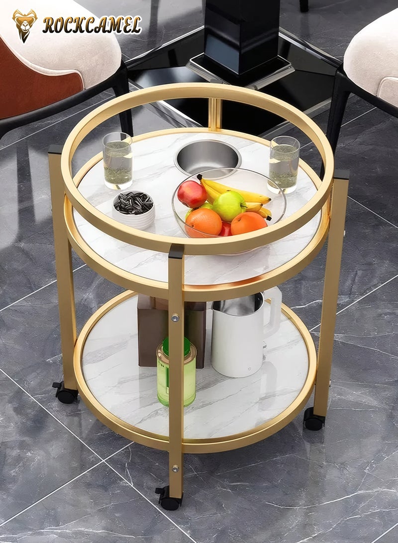 ROCKCAMEL مائدة قهوة مستديرة، طاولة جانبية بإطار معدني، طاولة سرير مزدوجة الطبقات بتصميم الرخام الأبيض، متينة وسهلة التركيب، مناسبة للصالة وغرفة النوم (45 × 45 × 55 سم) - Image 5