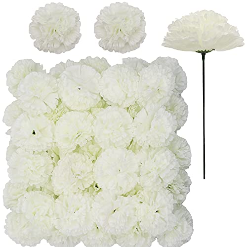 Jdsour 50 Pack Artificial Silk Carnation Picks Artificial Flowers Carnation Heads with Stems for DIY Flower Wall Wedding Bouquets Centerpieces Arrangements Decorations Ivory White - Image 1