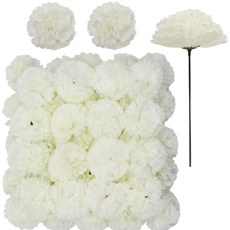 Jdsour 50 Pack Artificial Silk Carnation Picks Artificial Flowers Carnation Heads with Stems for DIY Flower Wall Wedding Bouquets Centerpieces Arrangements Decorations Ivory White - Image 2