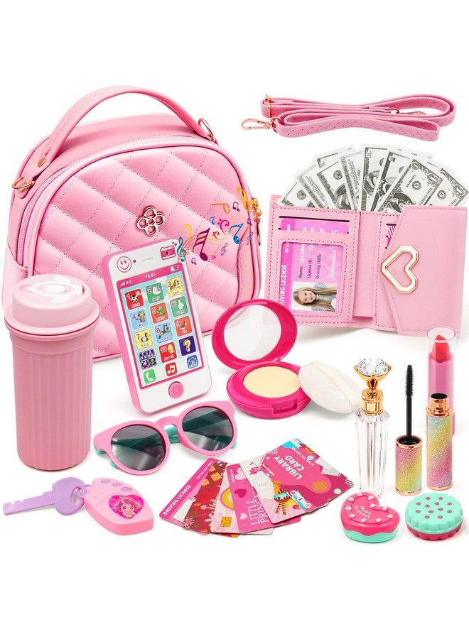 Hohosunlar Hohosunlar Kids Pretend Play Little Girl Purse Accessories, Princess Toy Cell Phone w/ Light & Sound, Fake Makeup, Wallet, Keys, Credit Card, Play Water Bottle Christmas Birthday Gift Toys for Girls  - Image 1