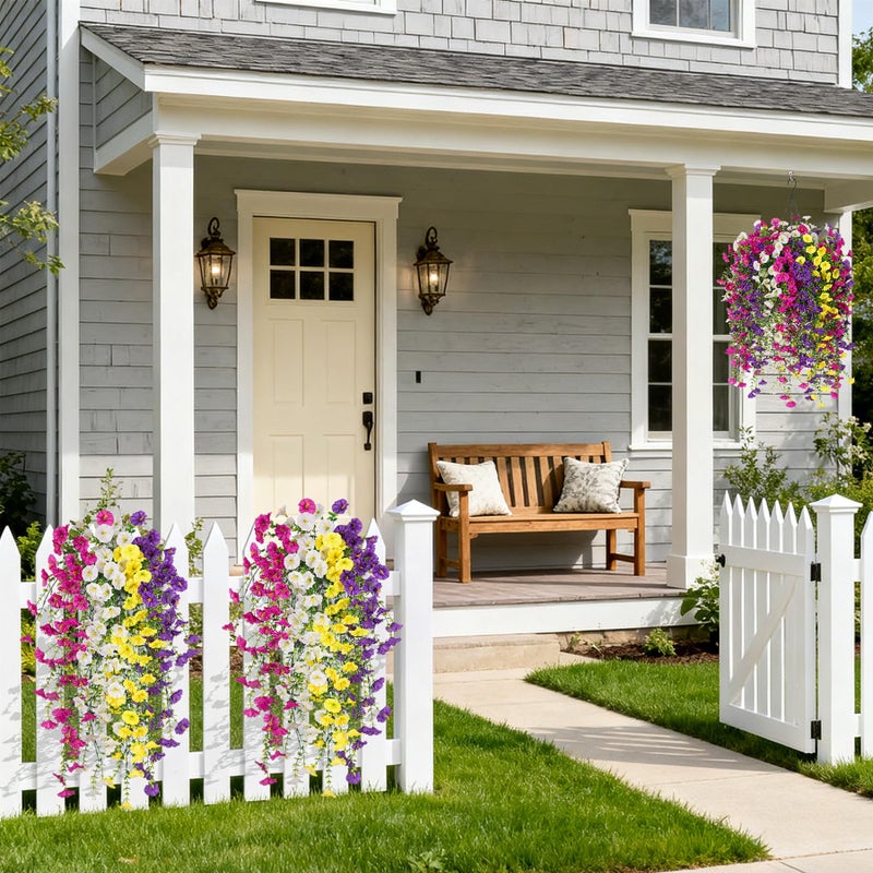 Hrobek Artificial Hanging Petunias Flowers for Outdoor, 8pcs Fake Plants Long Vine Morning Glory Eucalyptus, UV Resistant Realistic Faux Greenery Outside Patio Porch Garden Spring Summer Decor, Mix Color - Image 2