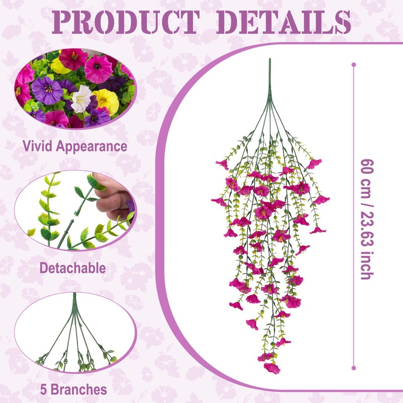 Hrobek Artificial Hanging Petunias Flowers for Outdoor, 8pcs Fake Plants Long Vine Morning Glory Eucalyptus, UV Resistant Realistic Faux Greenery Outside Patio Porch Garden Spring Summer Decor, Mix Color - Image 3