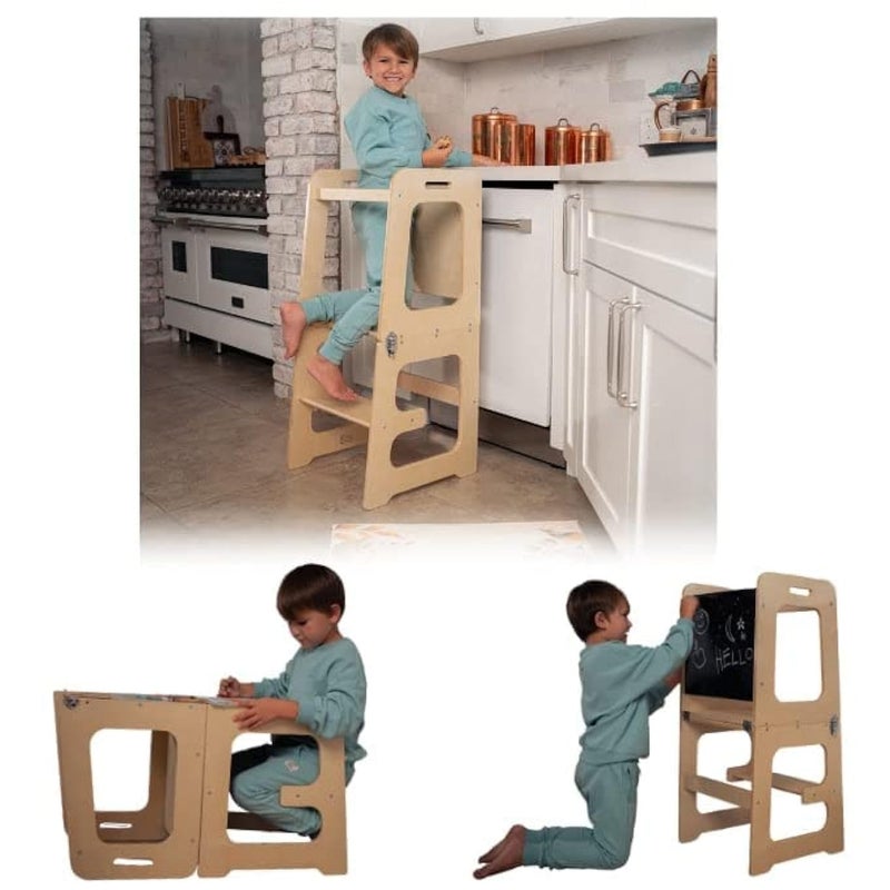 Avenlur Date 4in1 Foldable Tower  Toddler Step Stool with Chalkboard Desk and Chair  Montessori and Waldorf Style Stool for Ages 18 Months to 6 Years