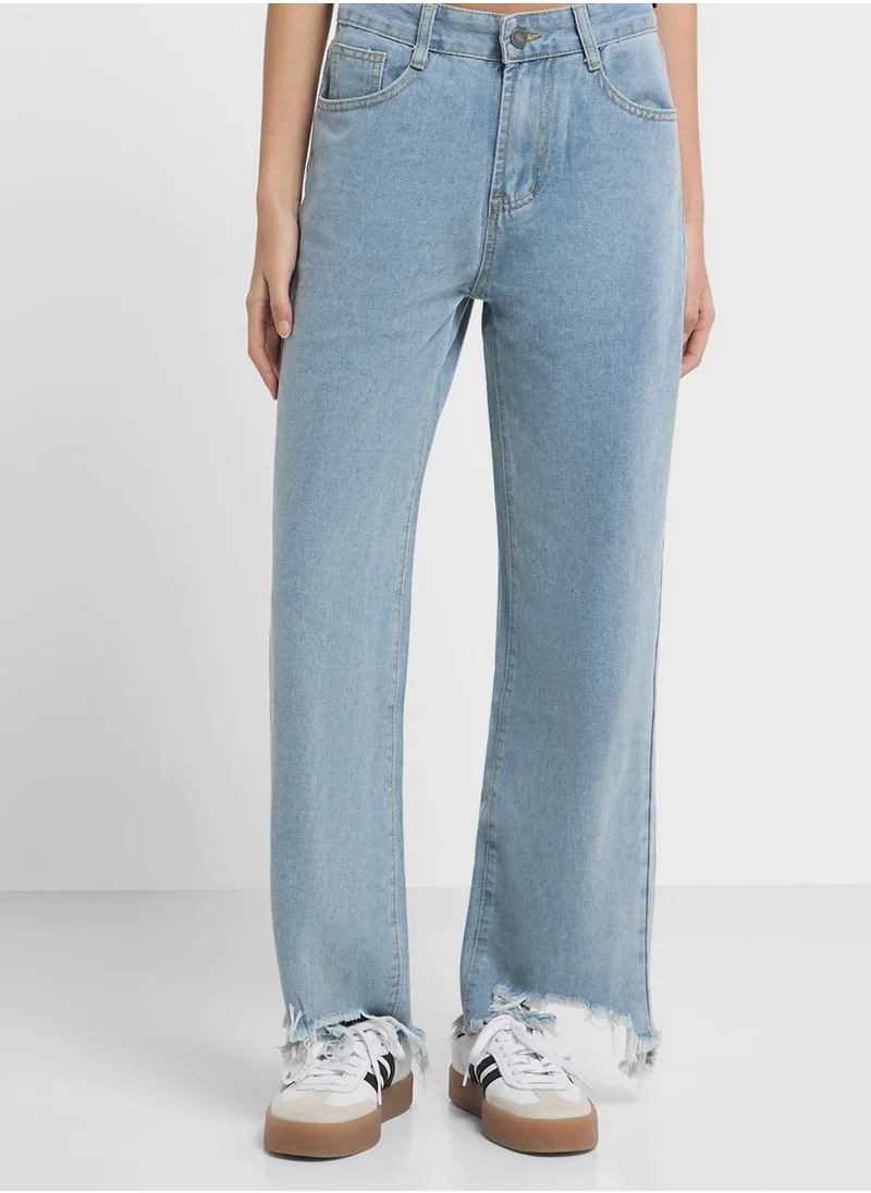 Ginger Washed Wide Fit Jeans With Frayed Hem