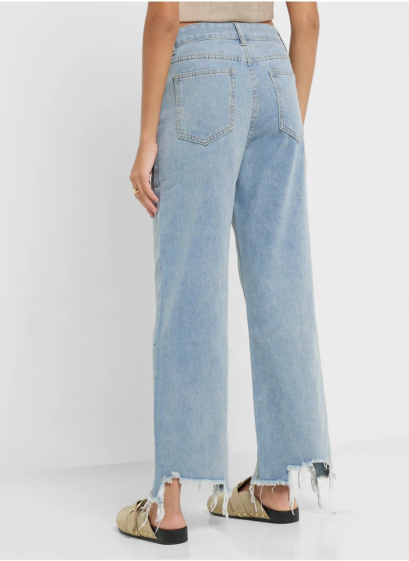 Ginger Washed Wide Fit Jeans With Frayed Hem