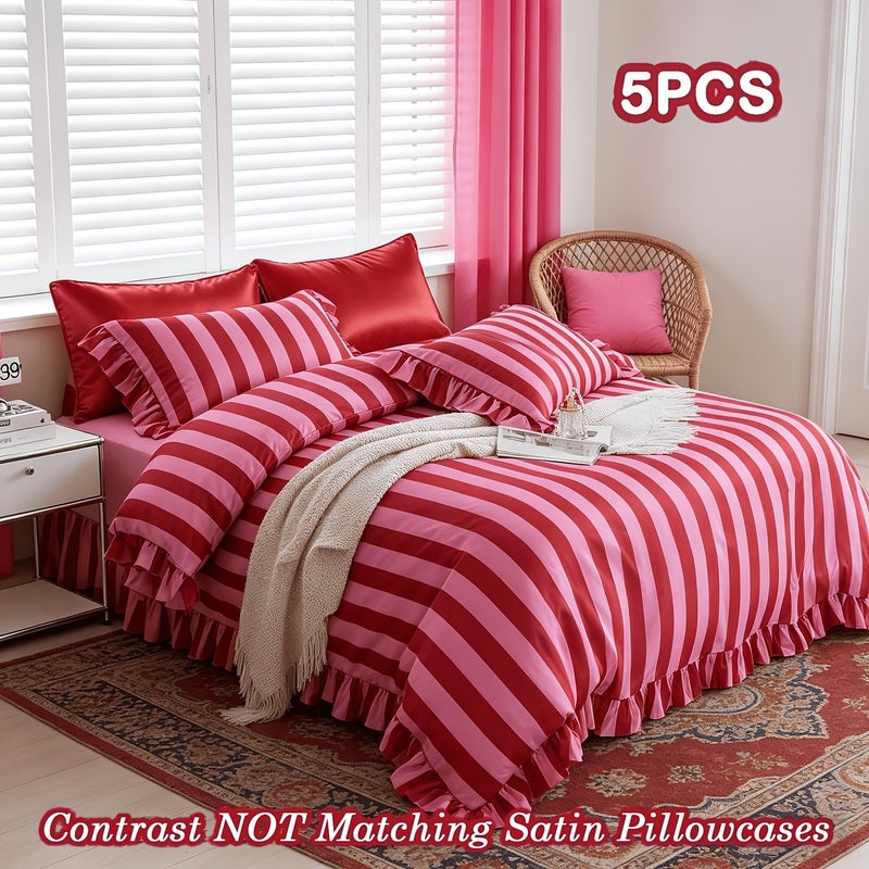 5pcs Striped Pattern Bedding, Includes 1 Duvet Cover + 4 Pillowcases (No Inserts), Ruffled Washed Fiber Duvet Cover and Pillowcases, Essential for Exquisite Home Decor, Mother's Day Birthday Gift Set - Image 3