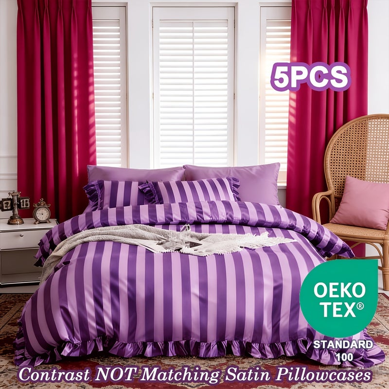 5pcs Striped Pattern Bedding, Includes 1 Duvet Cover + 4 Pillowcases (No Inserts), Ruffled Washed Fiber Duvet Cover and Pillowcases, Essential for Exquisite Home Decor, Mother's Day Birthday Gift Set - Image 1