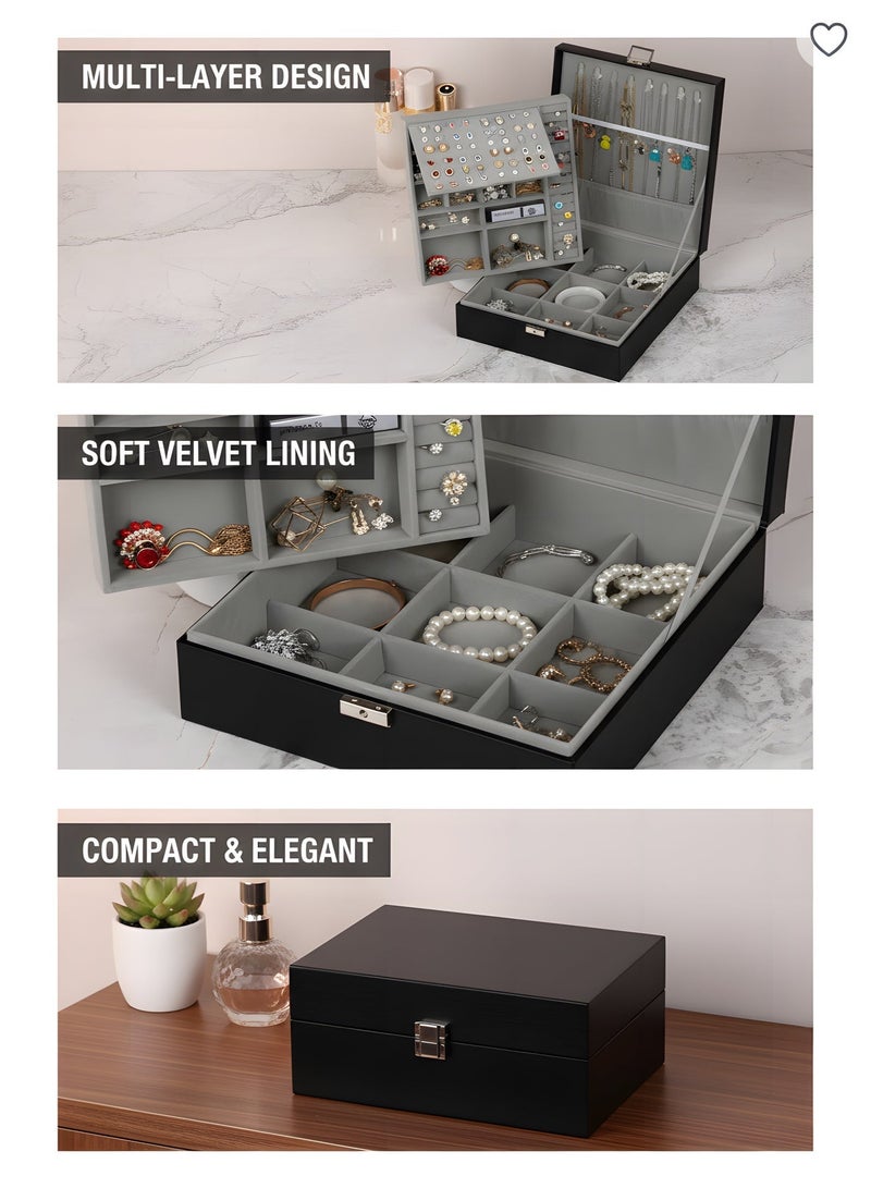 wowofa Jewellery Box With Removable Tray, PU Leather Organizer With Lock For Necklaces, Earrings, Bracelets, Rings & Watches, Waterproof Storage Case For Women & Girls - Image 3