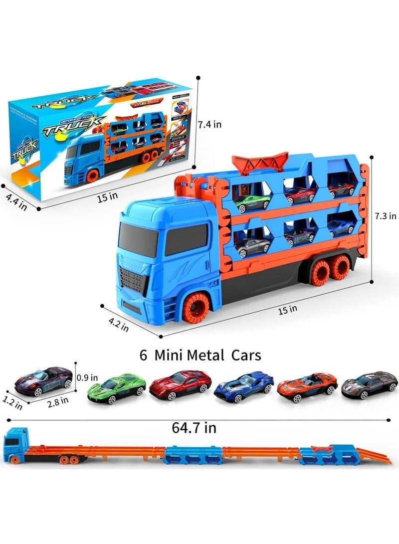 جايزهو لعبة شاحنة سباق النقل للأطفال من سن 3 سنوات ، مجموعة ألعاب مضمار سباق السيارات القابلة للطي ، مضمار سباق مزدوج 64.7 بوصة وبطاقة إخراج ، 6 سيارات معدنية (أزرق) - Image 2