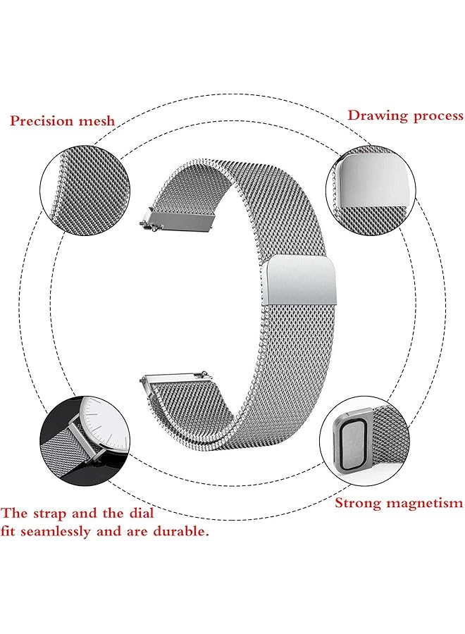 دبليو تيك سوار ساعة سريع الفك بعرض 20 مم و22 مم، مصنوع من الفولاذ المقاوم للصدأ، سوار شبكي ميلانو، سوار بديل بقفل مغناطيسي، سوار ساعة ذكية للرجال والنساء، فضي 22 مم - Image 2