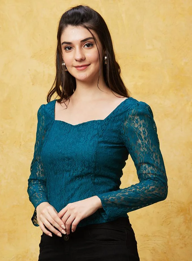 globus Globus Sweetheart Neck Puff Sleeves Lace Top